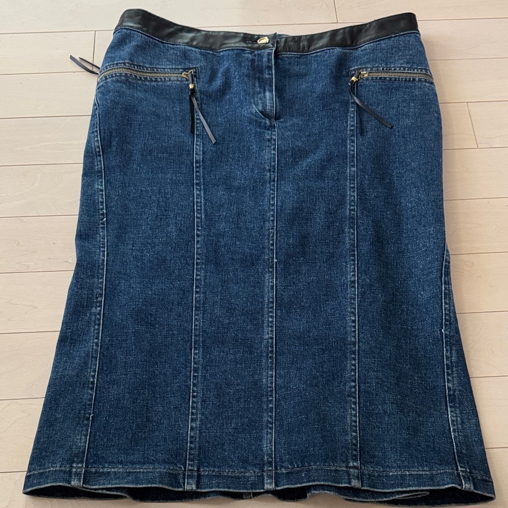 Roberto Cavalli Dark Blue Denim and Leather Waist Midi Skirt XL